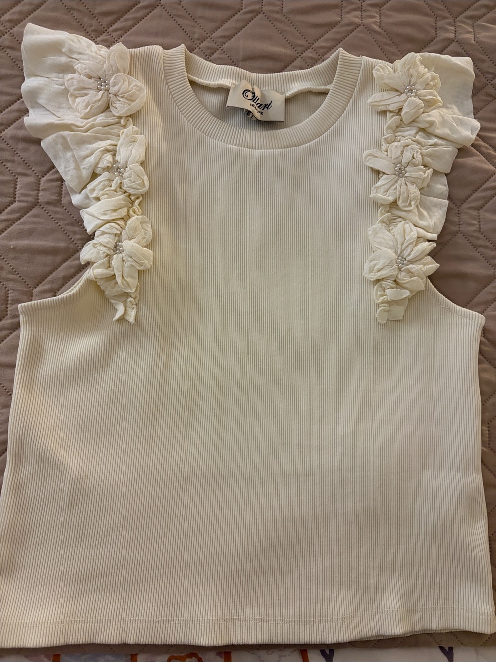 Anthropologie Cream Floral Ruffle Sleeve Tank Top